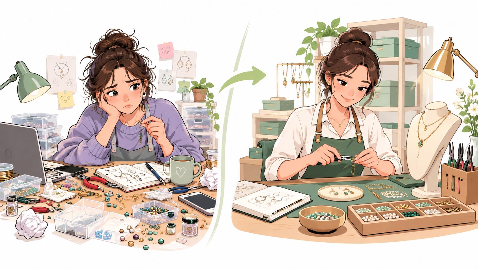 A split screen illustration comparing a frustrated jewelry maker and a happy, organized jewelry designer at work.