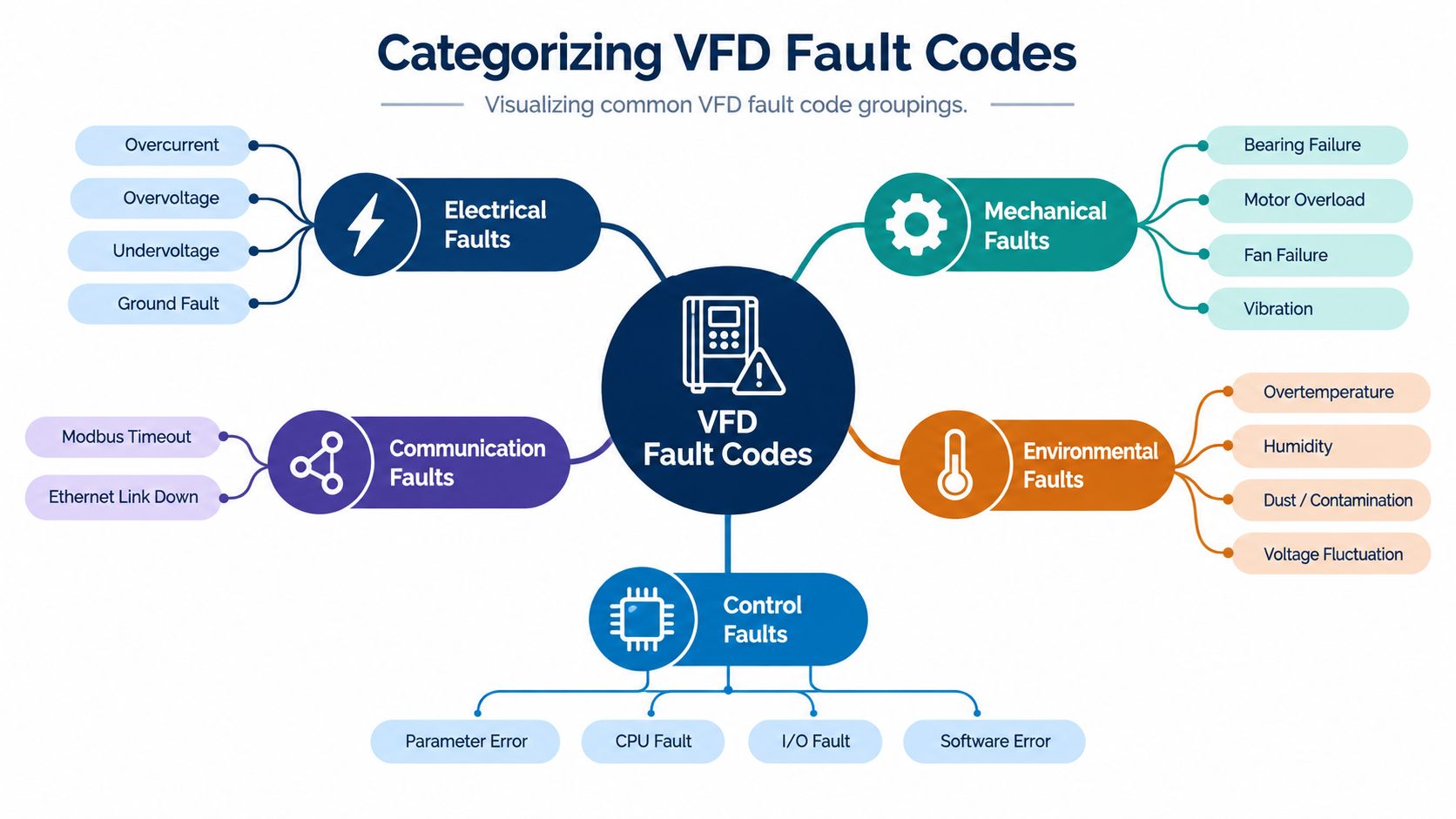 A diagram categorizing various VFD fault codes into electrical, mechanical, communication, environmental, and control fault types.