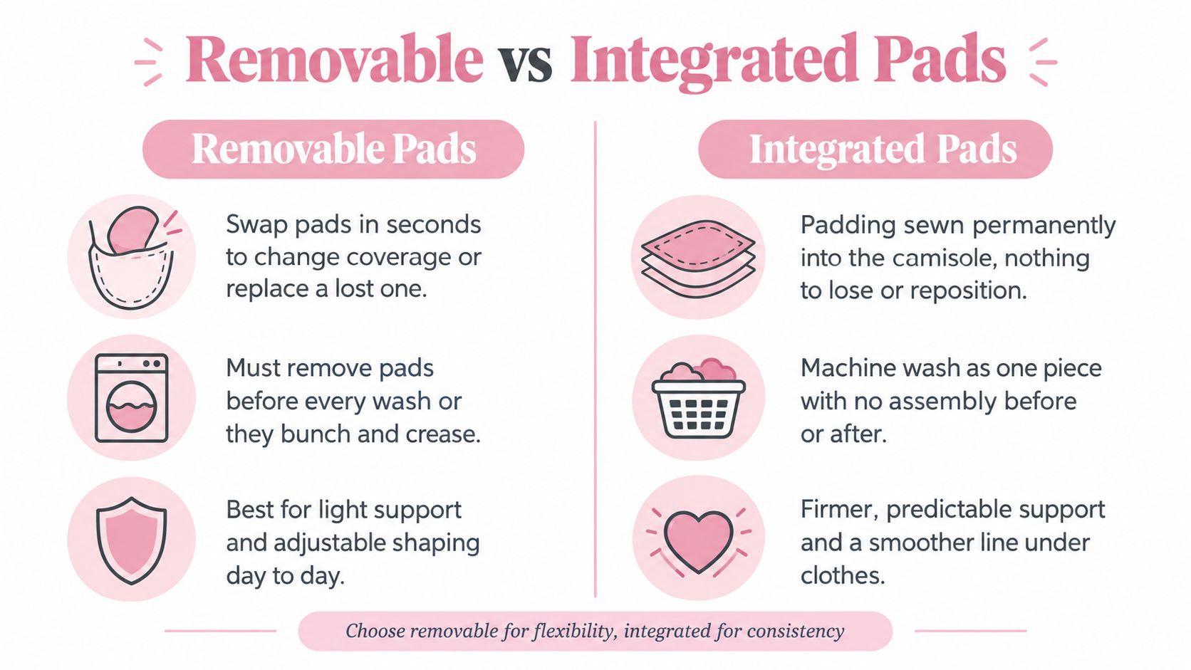 A comparison chart showing the differences between removable bra pads and integrated bra pads in camisoles.