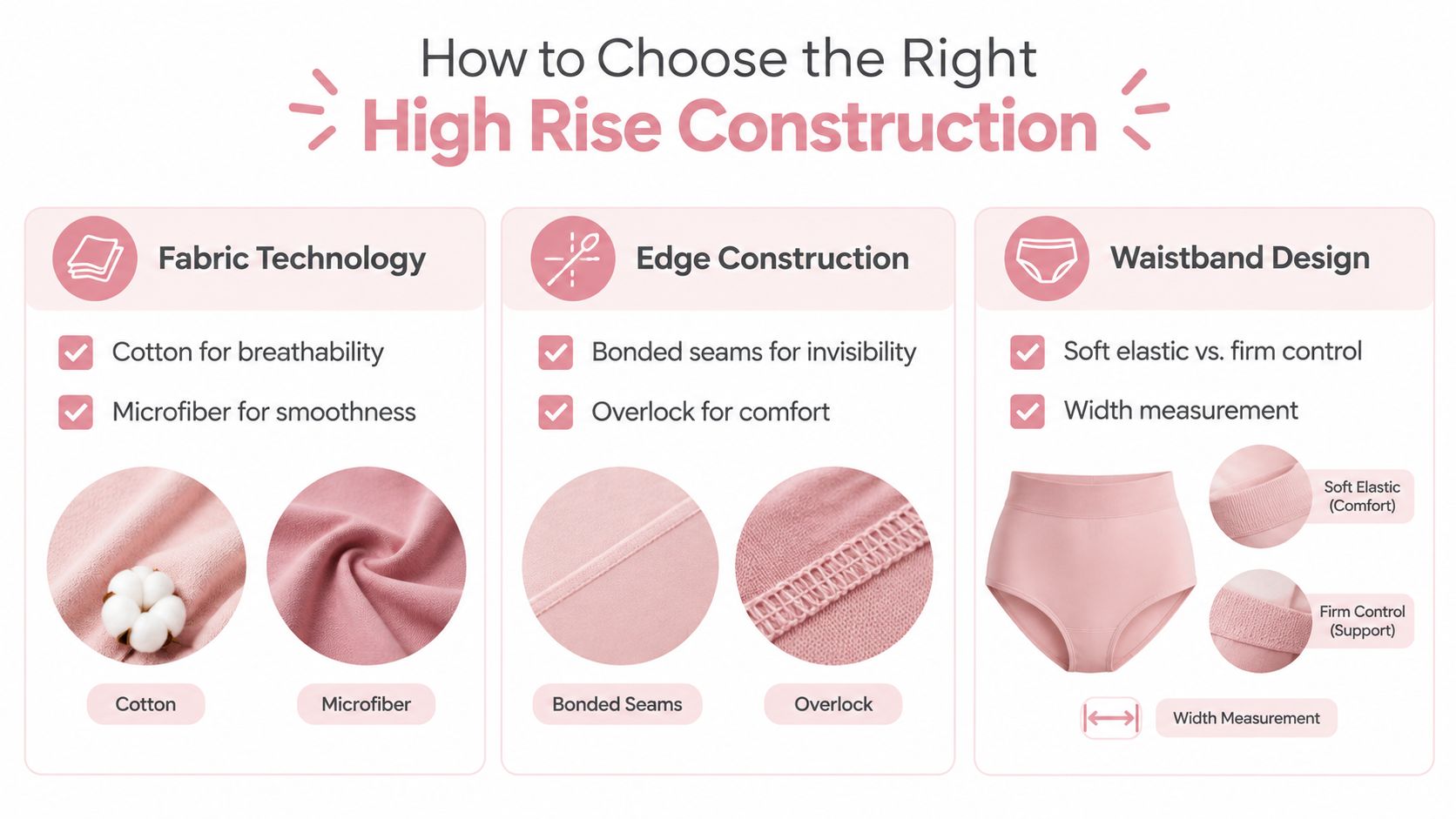 An infographic detailing three key factors for choosing high rise panties including fabric, edges, and waistband construction.