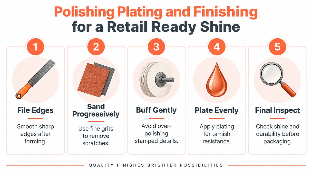 A five-step infographic guide detailing the process of polishing, plating, and finishing metal jewelry components for retail.