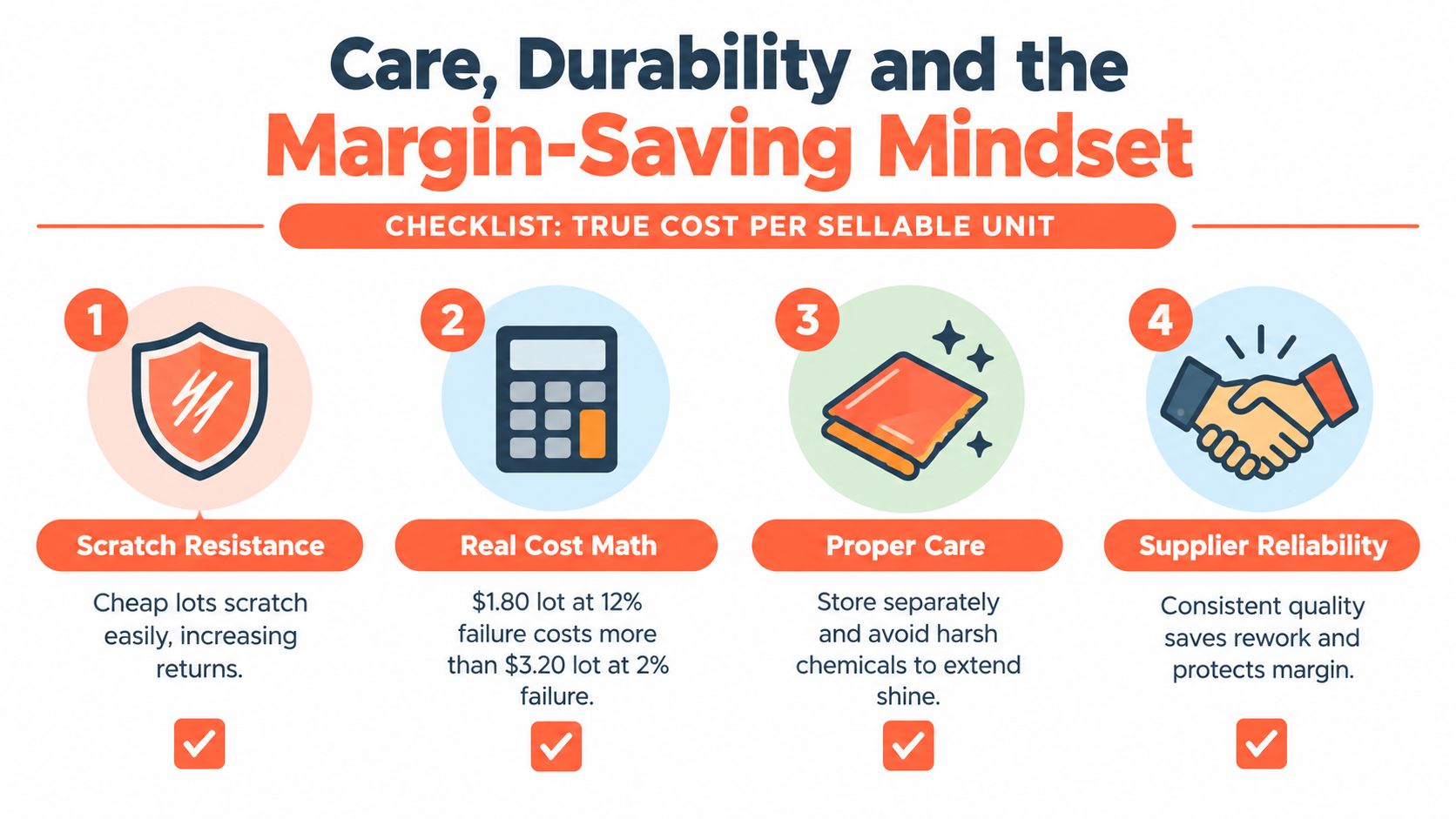 An infographic titled Care, Durability and the Margin-Saving Mindset with a four-step checklist for quality management.