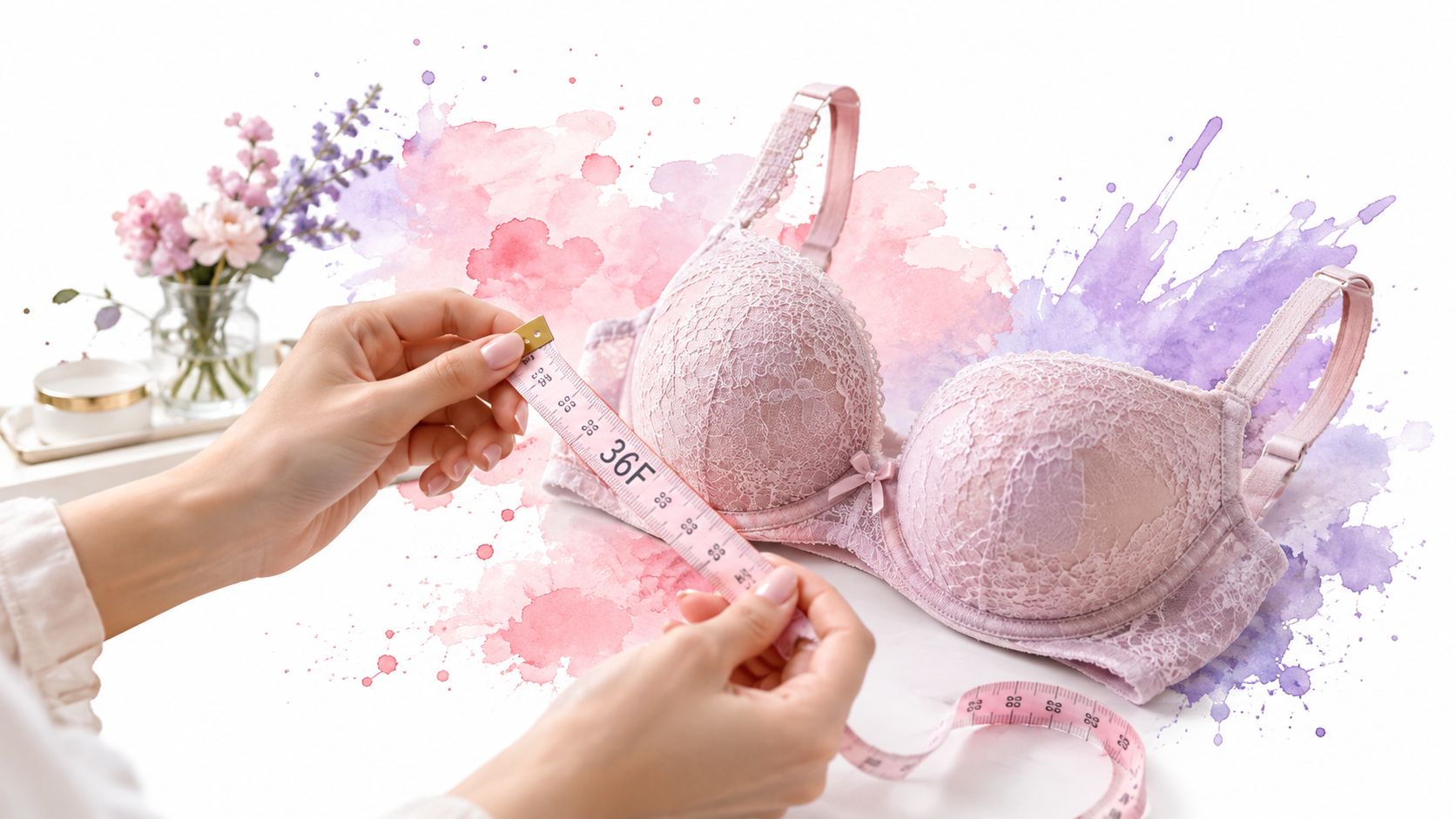 A pair of hands measuring a pink lace brassiere with a tape measure against watercolor background elements.