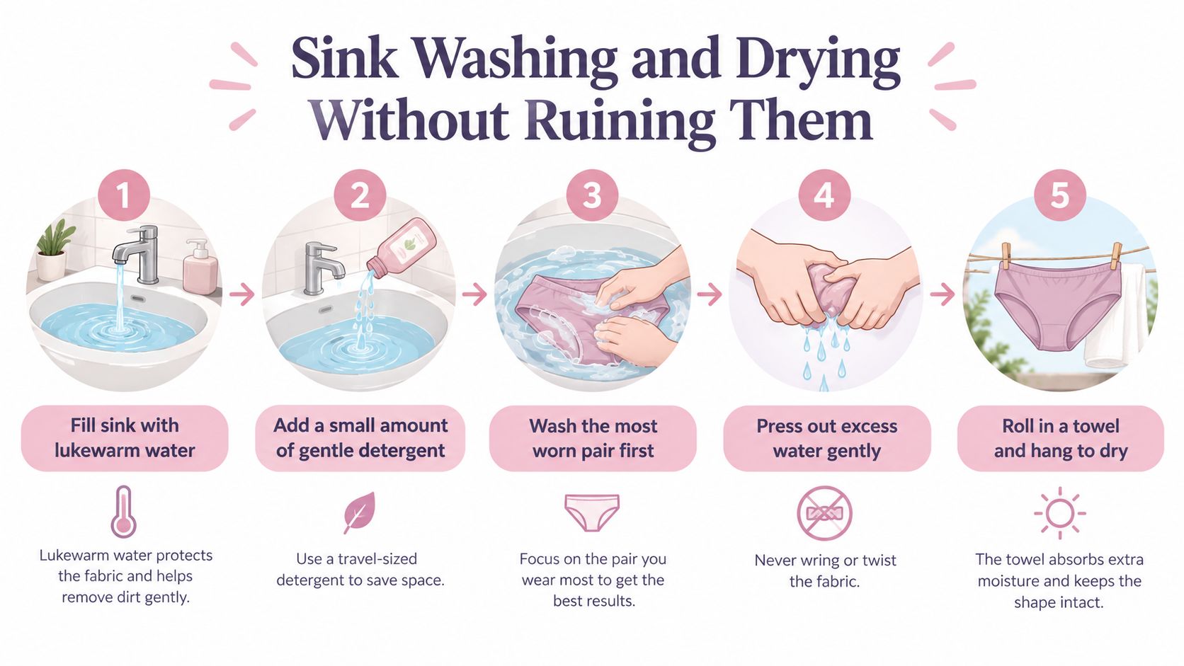 A five-step infographic showing how to hand wash and air dry underwear in a bathroom sink.