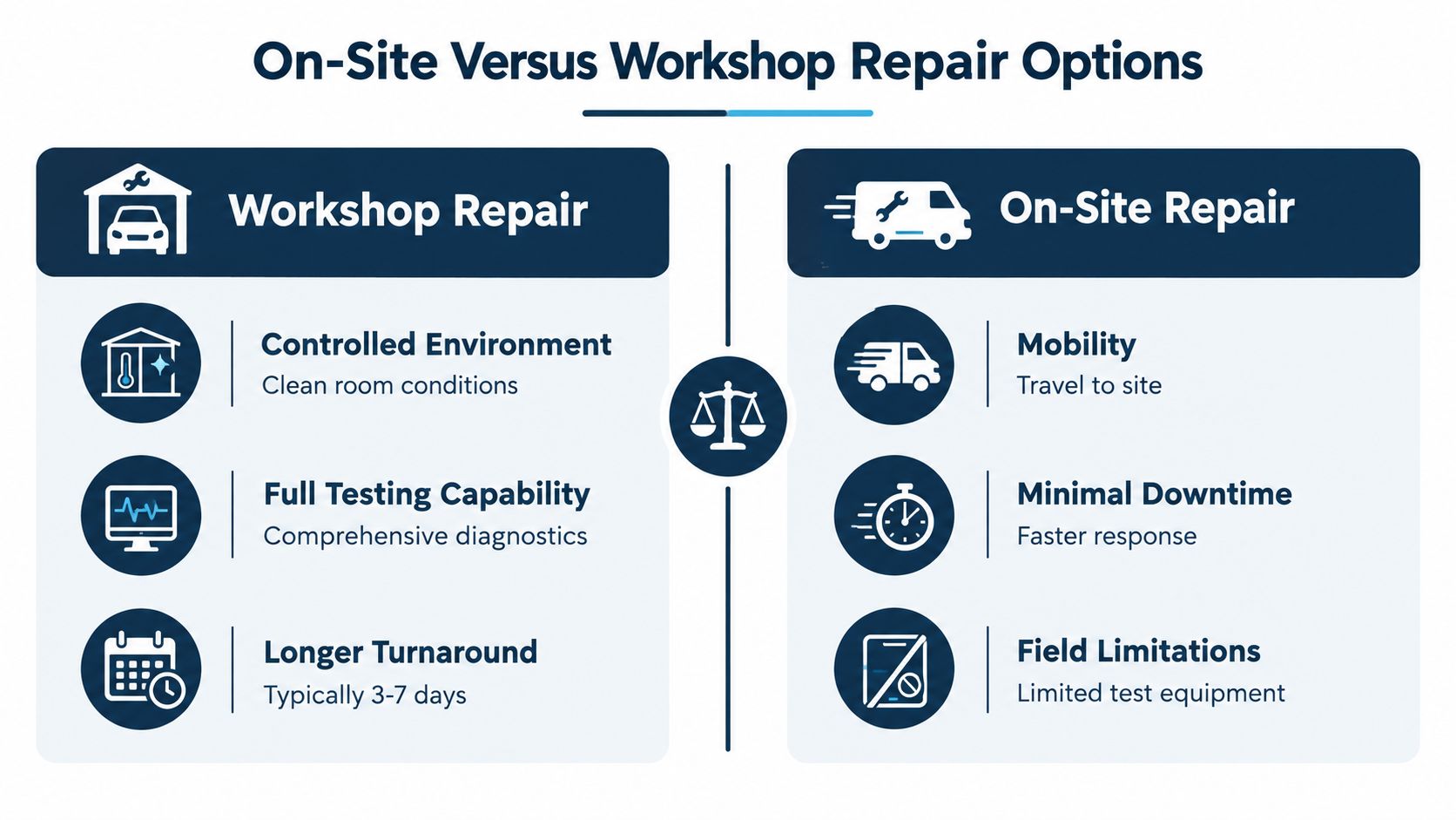 A comparison chart highlighting the key differences between workshop repair services and on-site repair services for equipment.