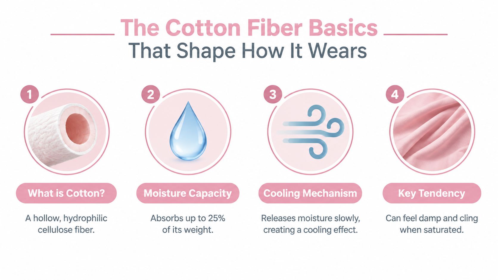 An infographic detailing the four key characteristics of cotton fiber, including its structure, moisture absorption, cooling properties, and texture.