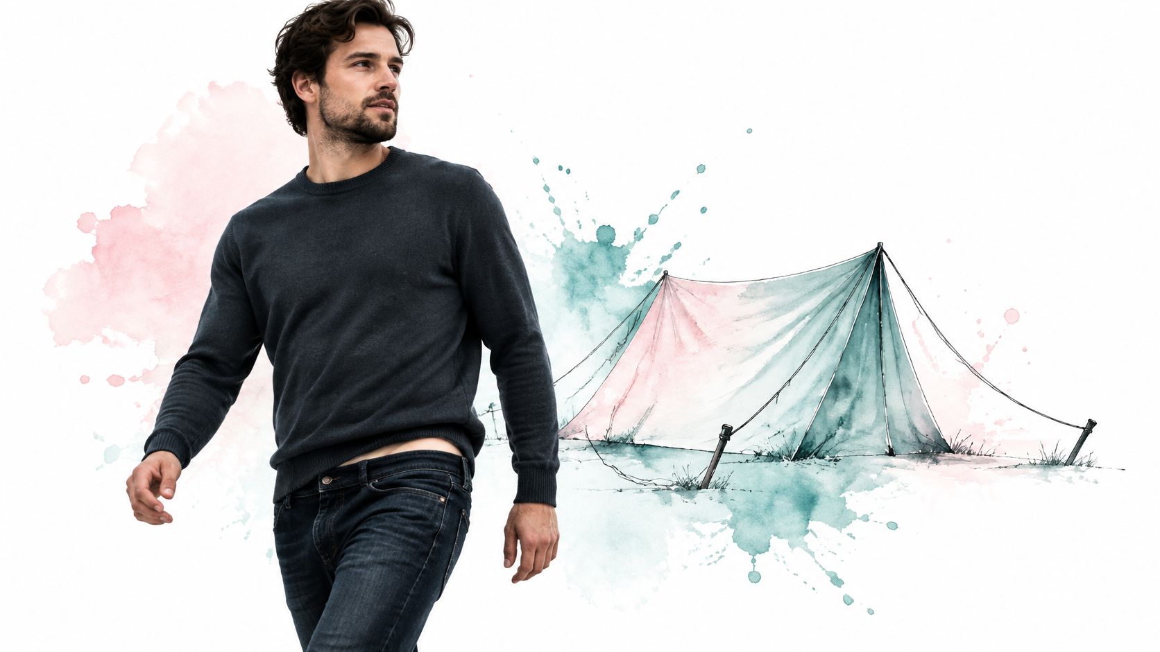 A stylish man walking next to an artistic watercolor sketch illustration of a camping tent.