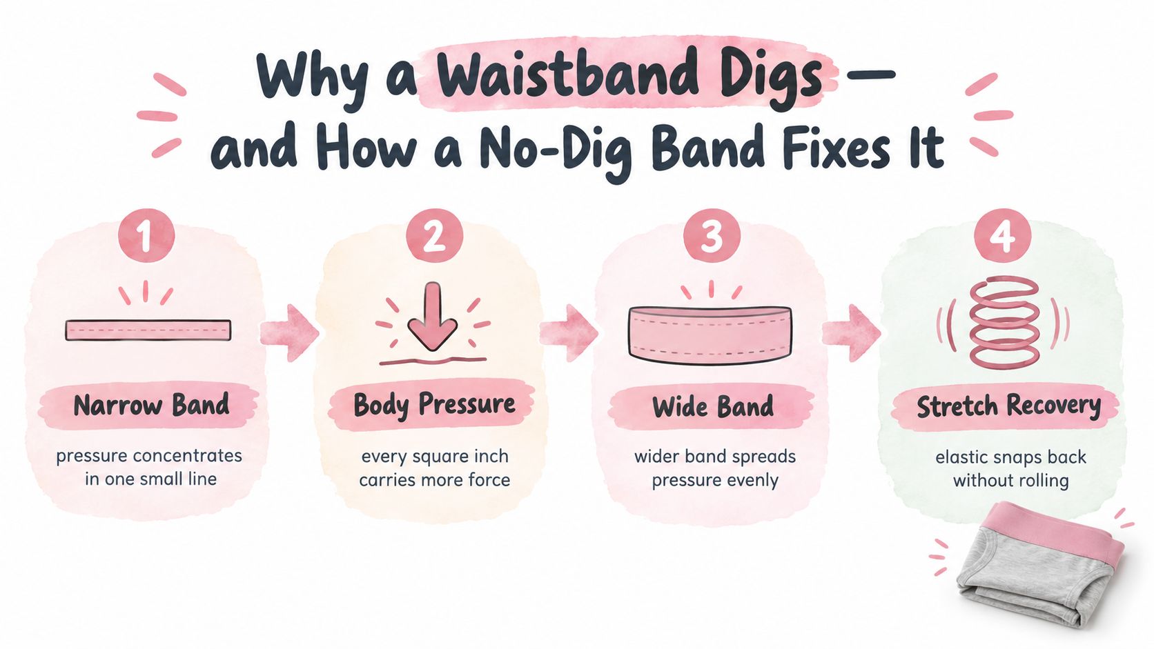 A four-step infographic explaining why narrow waistbands dig into skin and how wide bands provide comfortable support.