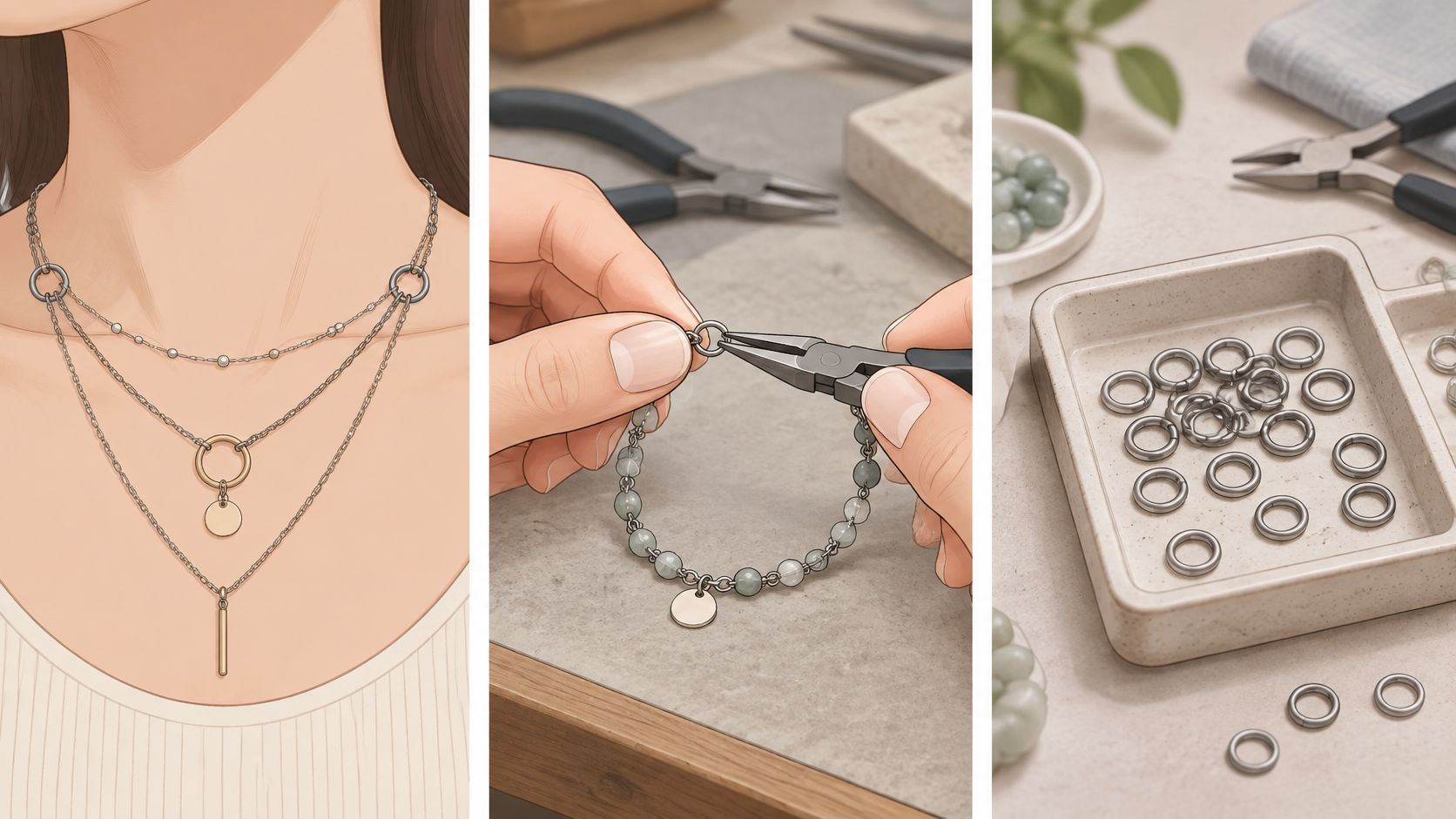 A split image showing a layered necklace, a person using pliers to assemble jewelry, and metal jump rings.