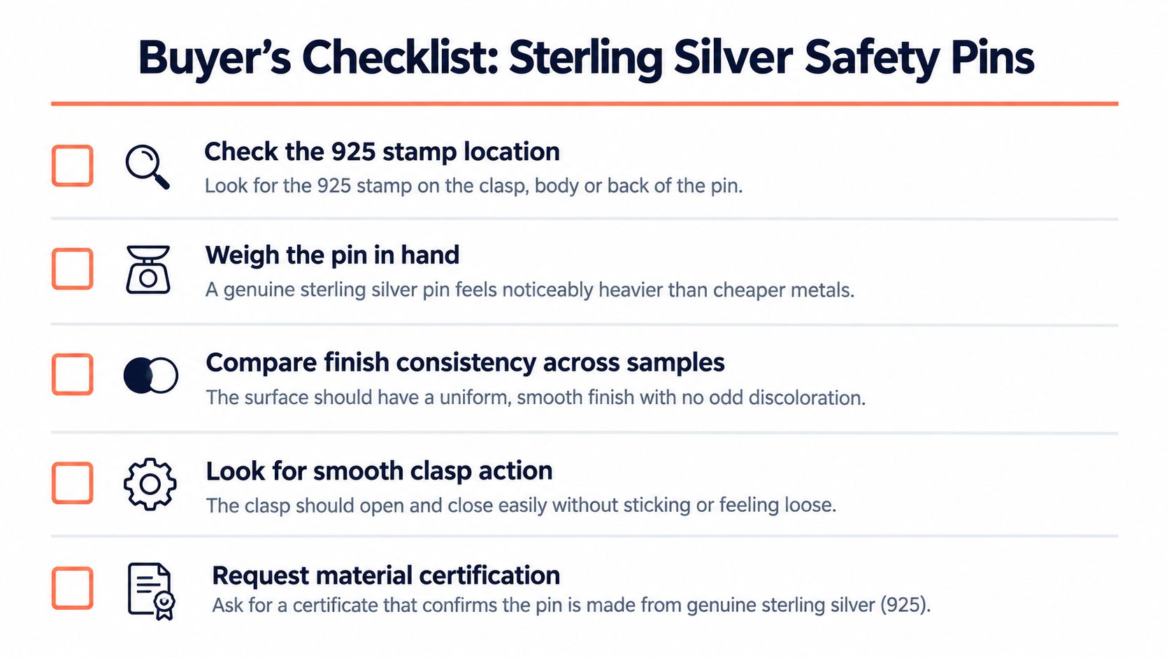 A checklist infographic titled Buyer's Checklist: Sterling Silver Safety Pins, showing five tips for verifying quality.