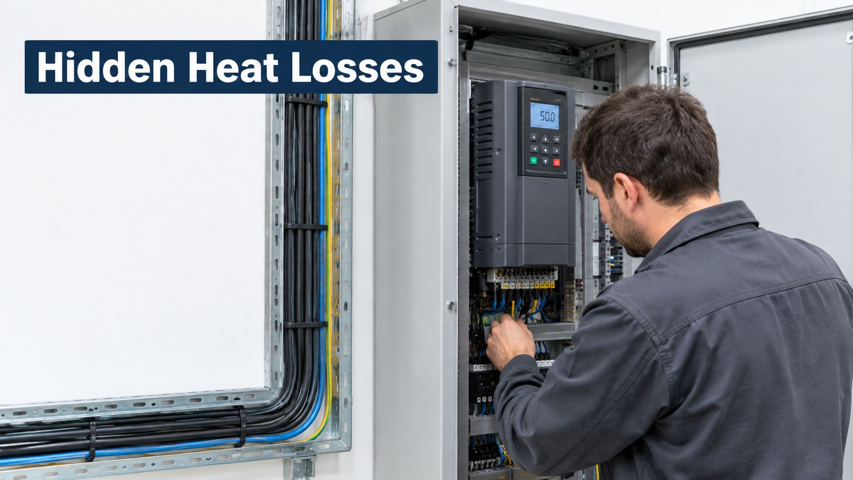 A technician working on a Variable Speed Drive inside an electrical cabinet with complex cable management.