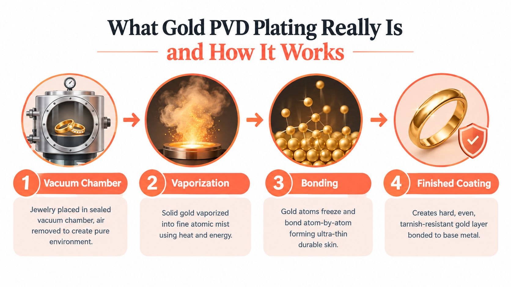A four-step infographic illustrating the Gold PVD plating process from vacuum chamber to finished coating.