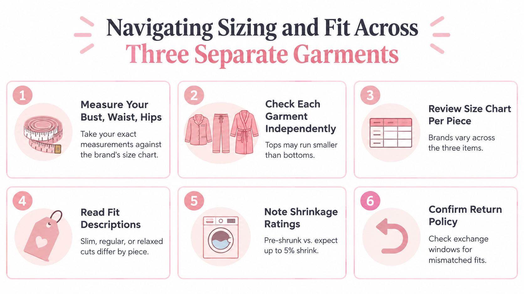 A helpful infographic showing six steps for navigating sizing and fit when buying a women's pajama set.
