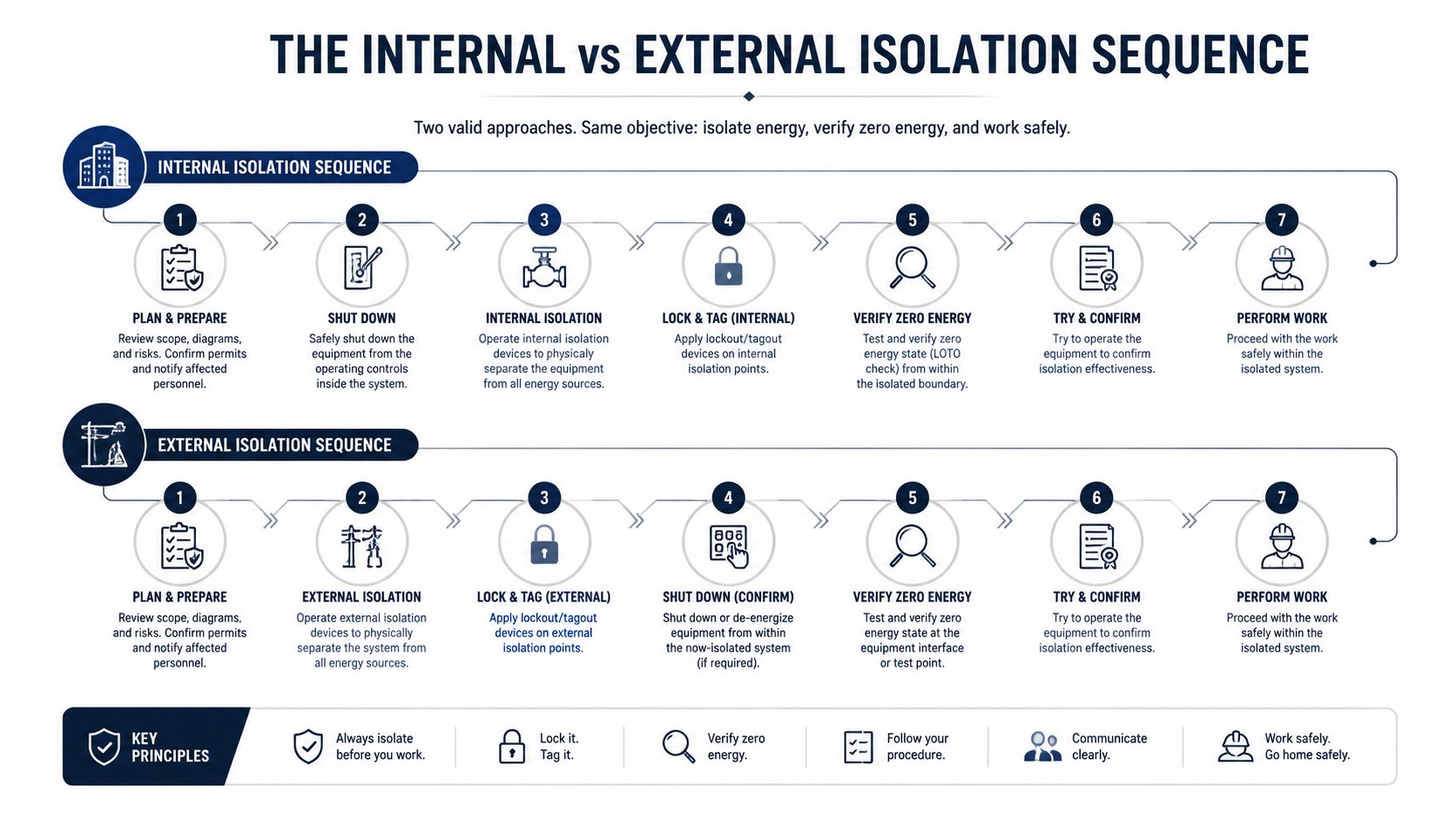 A diagram comparing internal and external isolation sequences for safe work procedures in industrial environments.