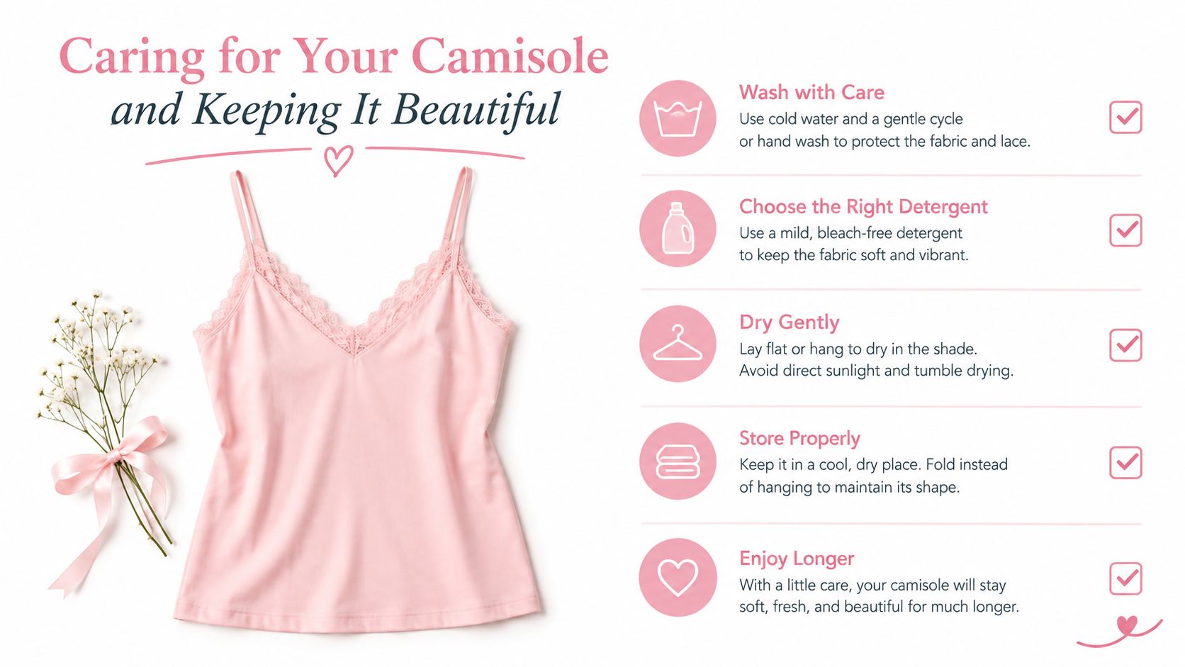 A helpful infographic showing five steps for washing, cleaning, and storing a delicate pink lace camisole.