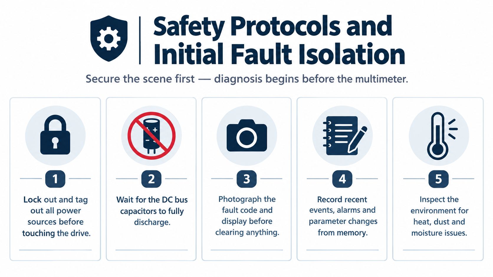 A safety infographic titled Safety Protocols and Initial Fault Isolation outlining five essential steps for drive troubleshooting.