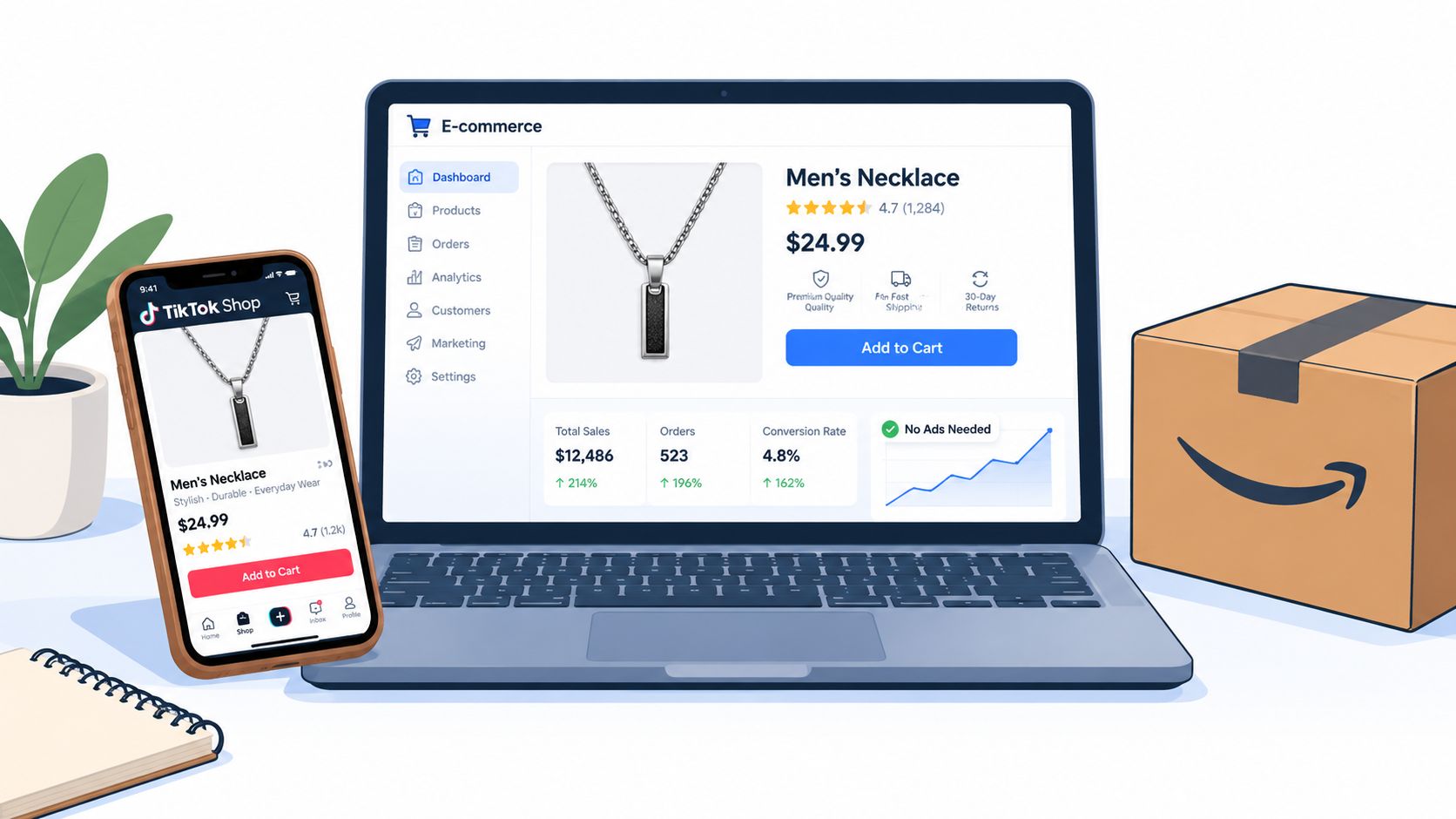 An e-commerce dashboard on a laptop and phone screen displaying a men's necklace sales performance.