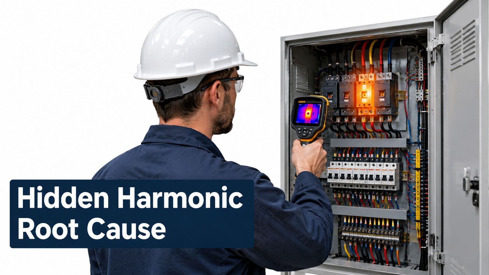 An electrical engineer using a thermal imaging camera to inspect a circuit breaker panel for heat issues.