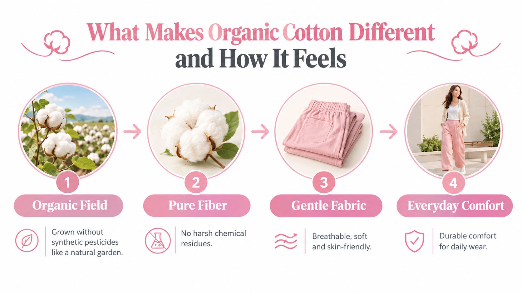 A process diagram showing the journey of organic cotton from natural field cultivation to comfortable women's pants.
