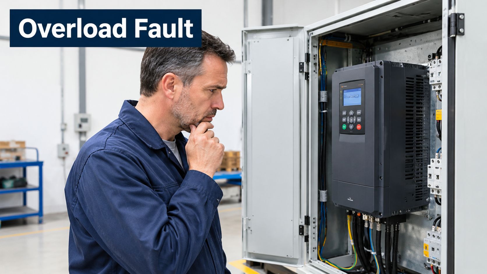 A technician examining a variable frequency drive display showing an overload fault error in a factory.