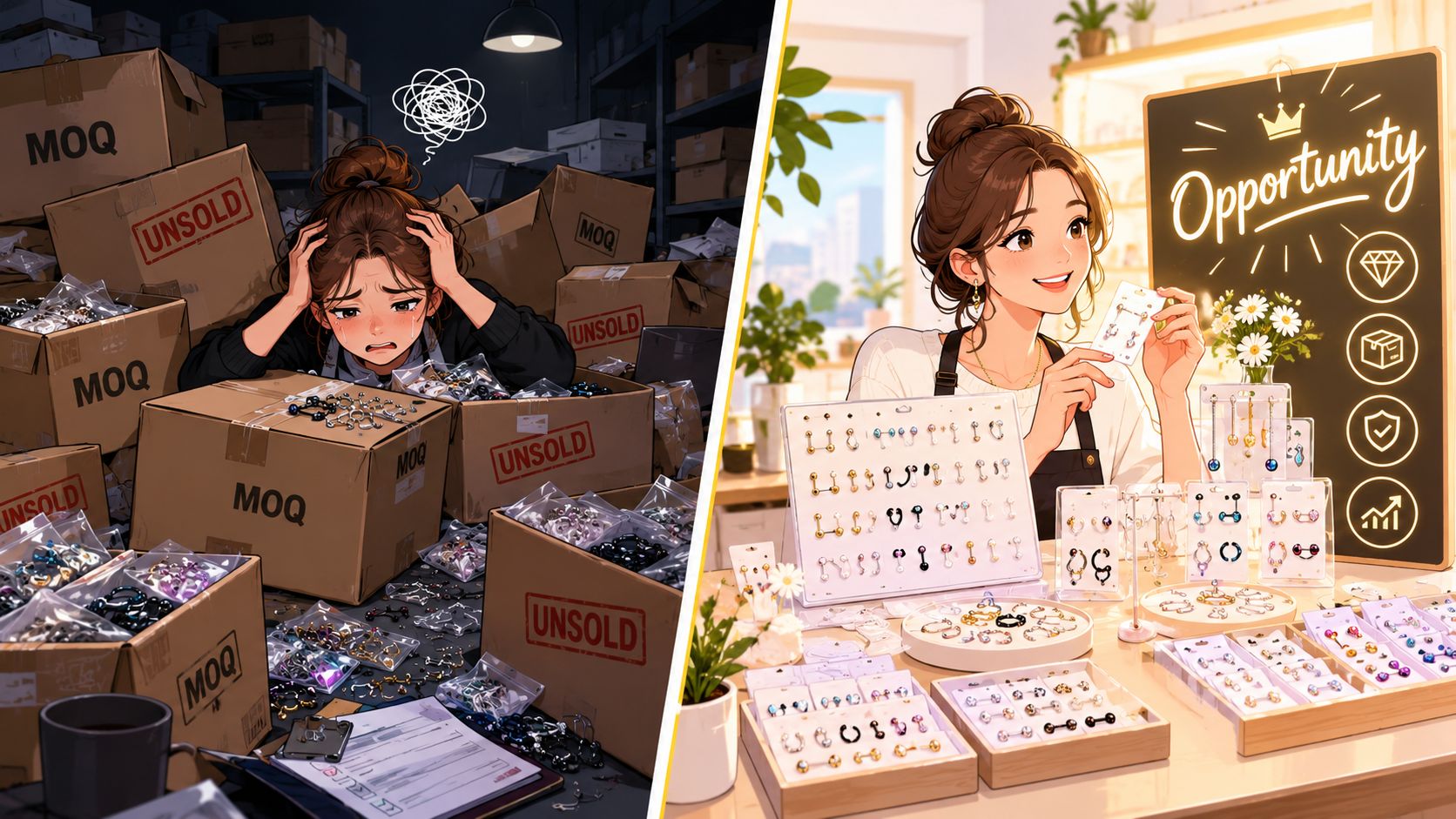 A split image contrasting a stressed jewelry seller overwhelmed by excess inventory with a successful small business owner.
