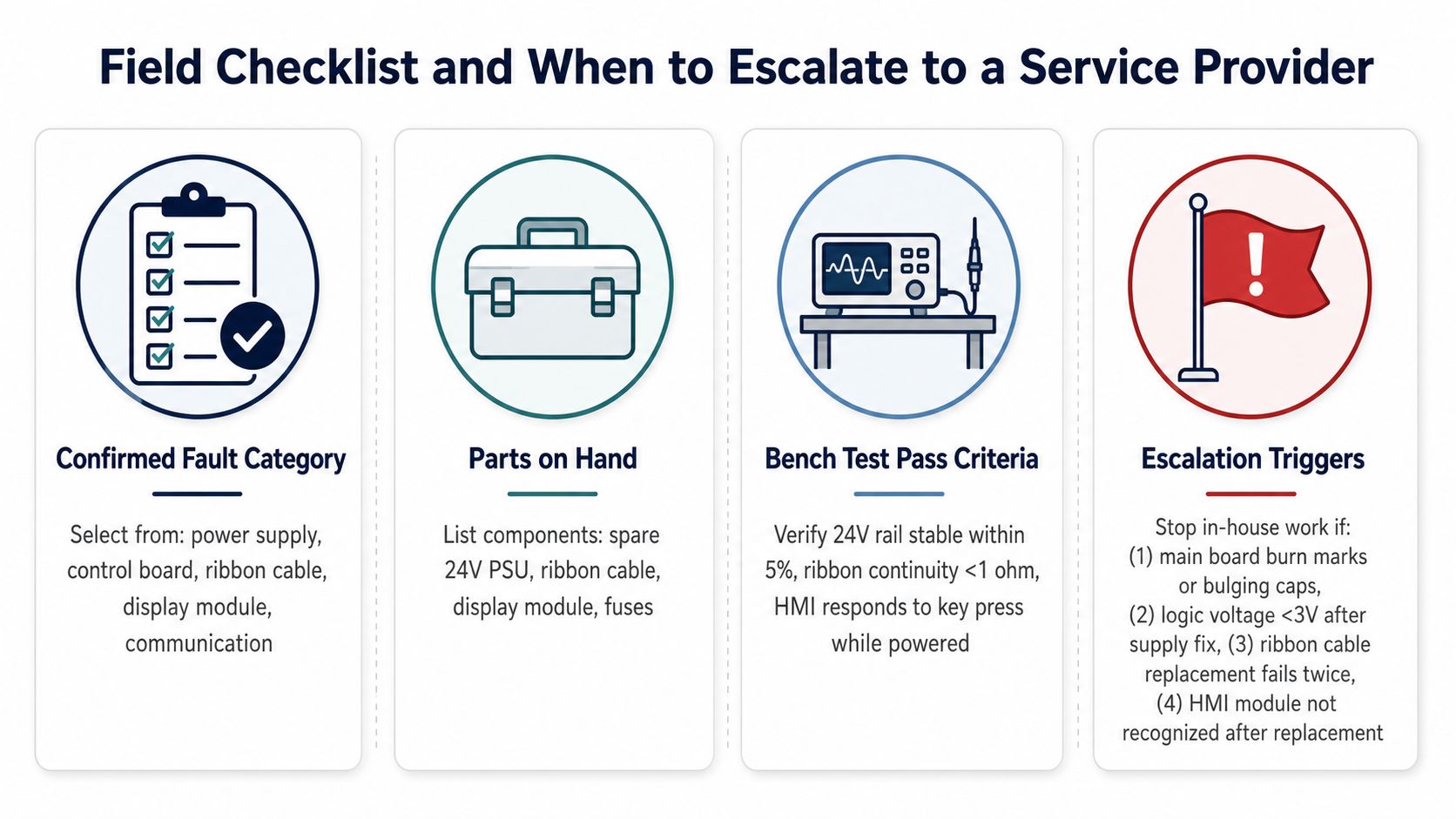 A diagnostic checklist infographic for VFD repair, detailing fault categories, required parts, test criteria, and escalation triggers.