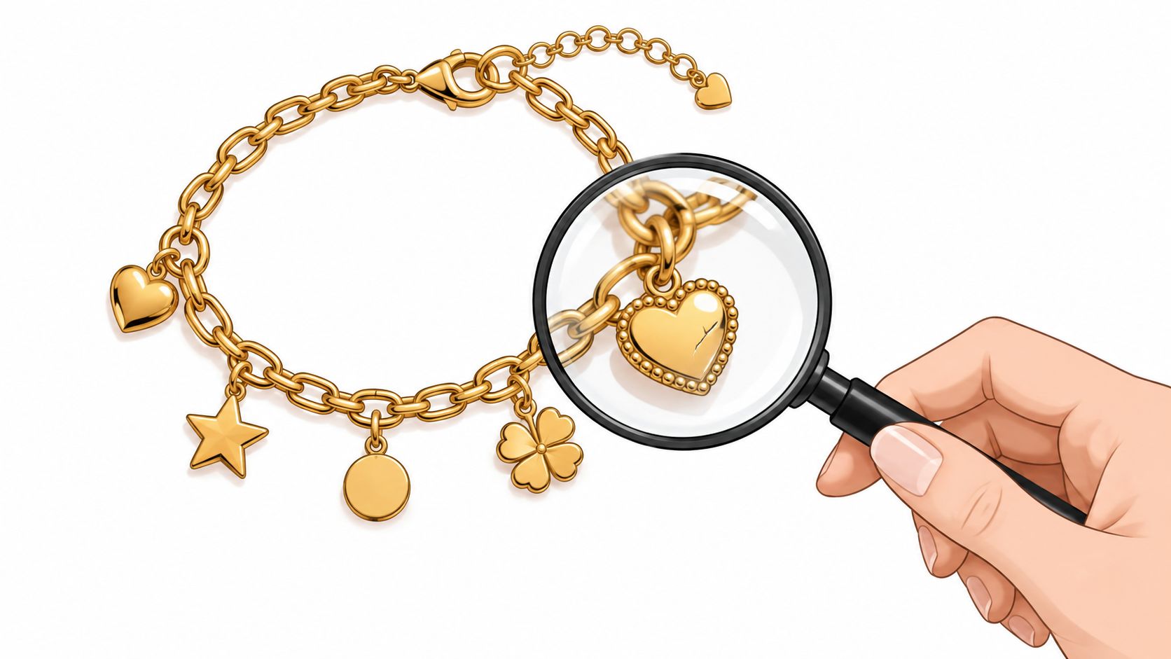 A hand holding a magnifying glass over a gold charm bracelet on a white background.