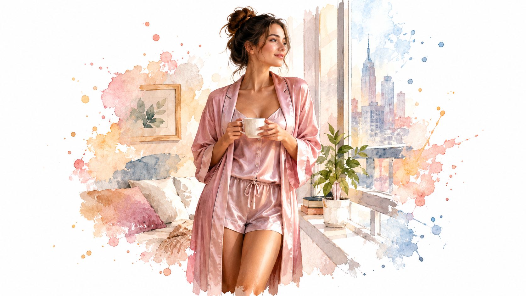 A woman in a silk pajama set and robe holding a mug by a city view window.