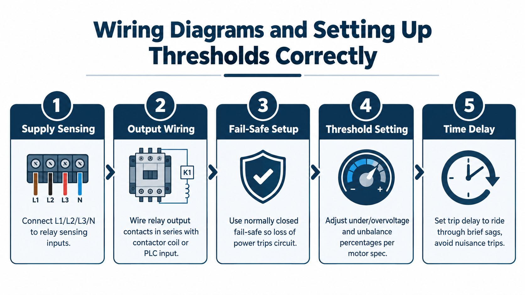 A five-step guide on how to wire and configure phase monitor relays for motor protection systems.