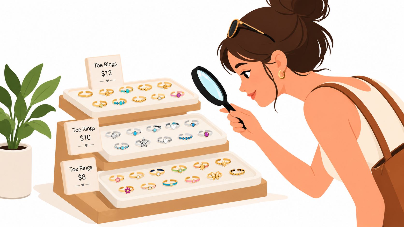 A young woman examining an assortment of jewelry rings on a display stand with a magnifying glass.