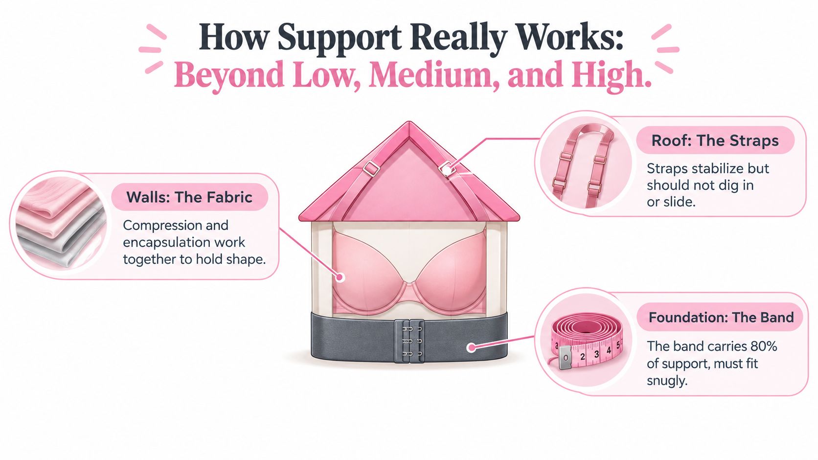 A diagram using a house metaphor to explain how a bra provides support through straps, fabric, and bands.