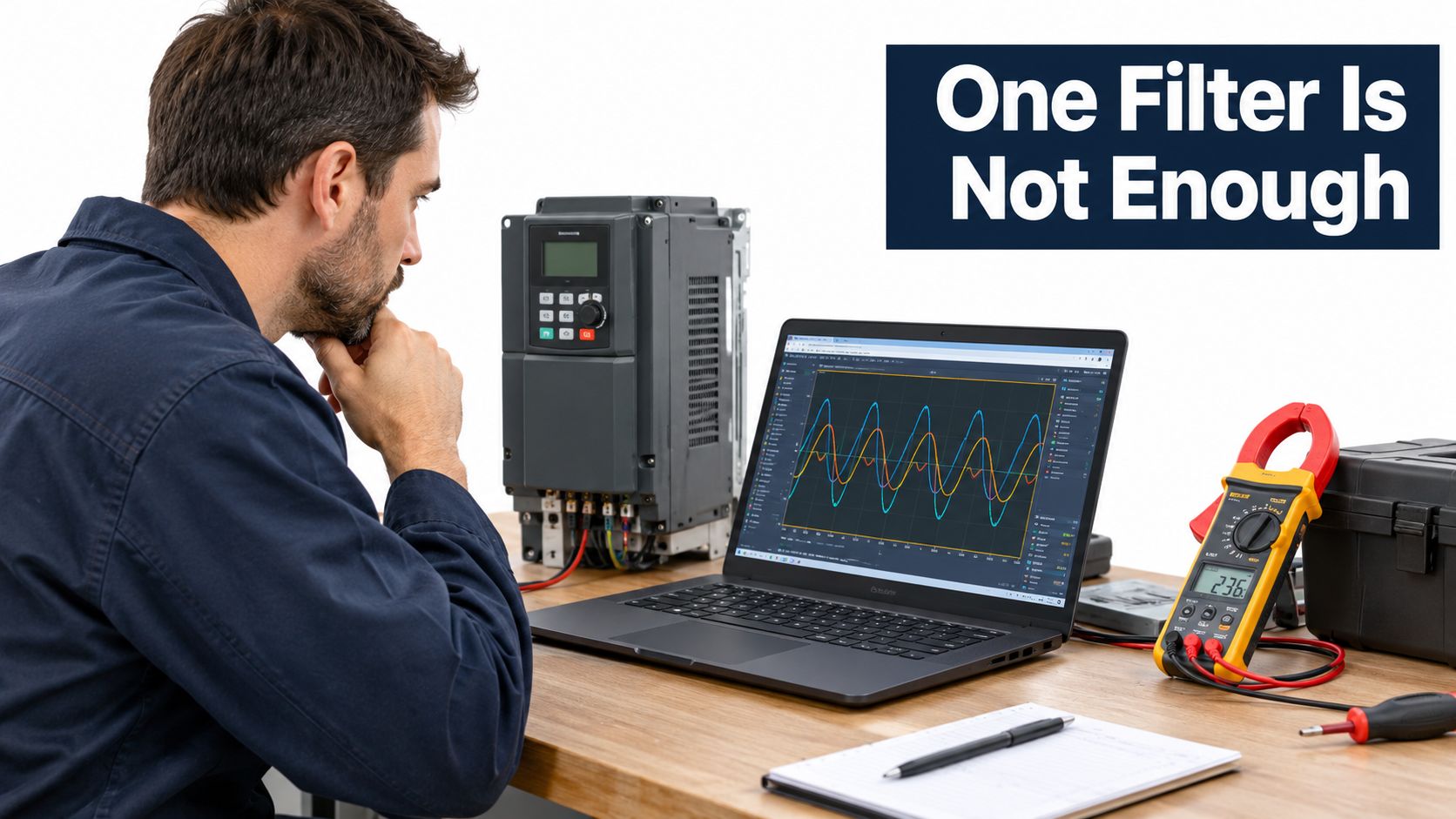 A technician analyzes electrical signal waveforms on a laptop while inspecting a variable frequency drive in a workshop.