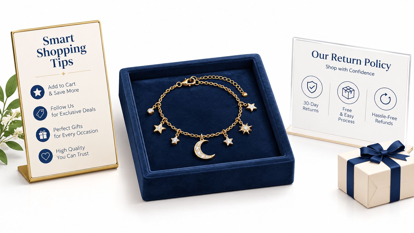 A delicate gold bracelet with moon and star charms displayed in a navy blue velvet jewelry box.