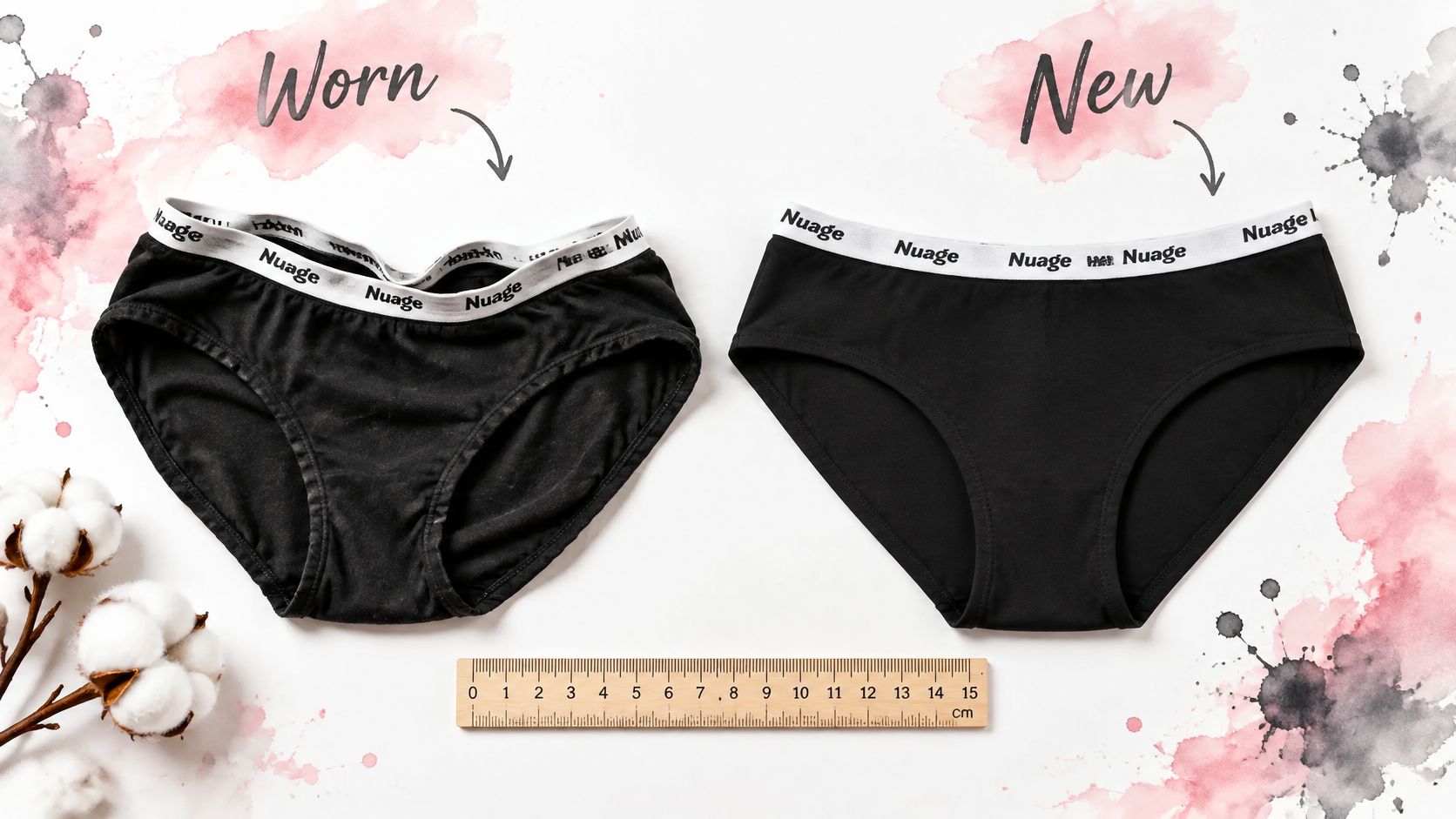A comparison between a worn and stretched pair of black underwear and a new, well-structured pair.