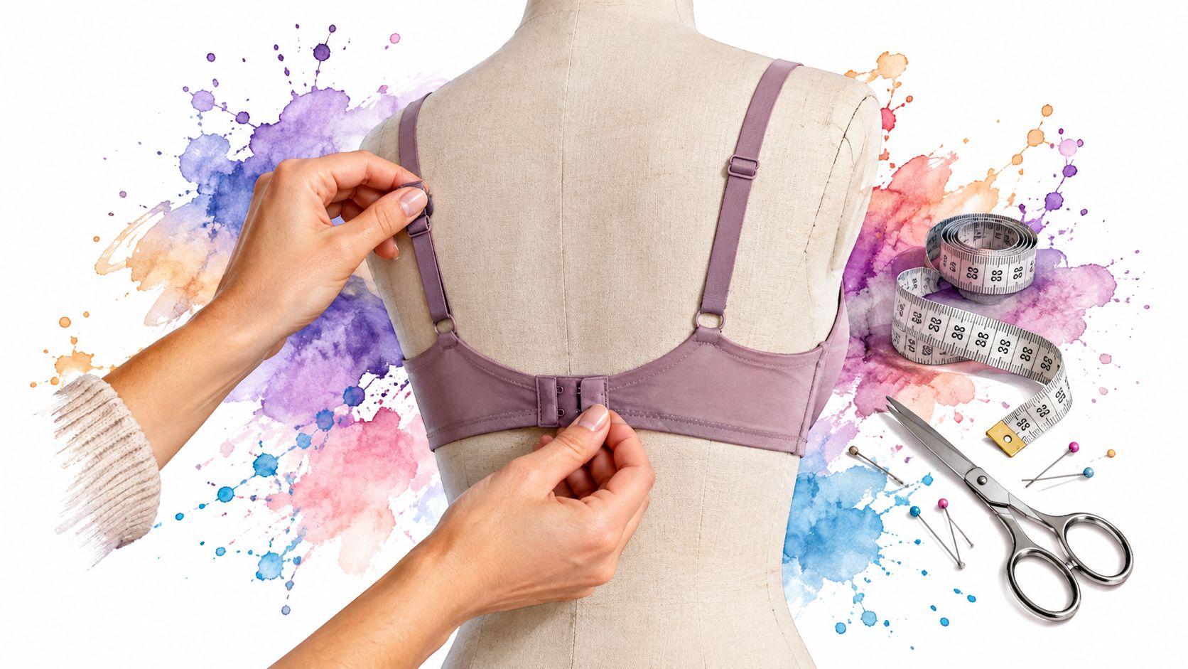 Hands adjusting a mauve bra on a mannequin torso, surrounded by measuring tape, scissors, and sewing pins.