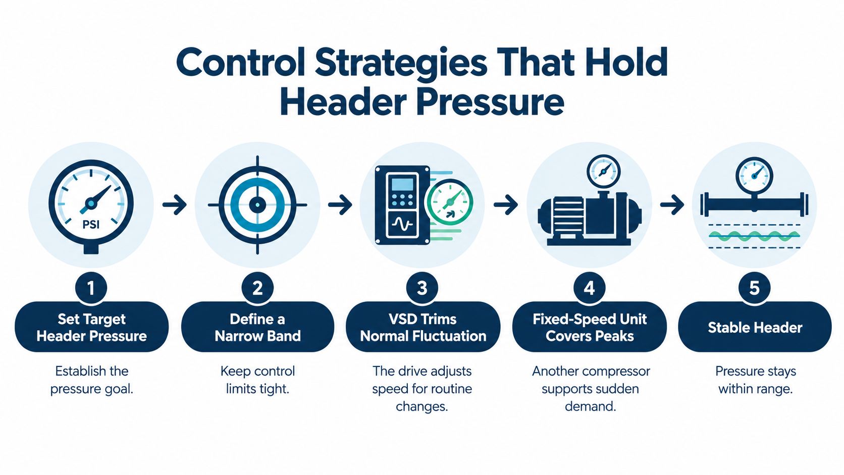 A five-step infographic showing control strategies for maintaining stable air compressor header pressure using variable speed drives.