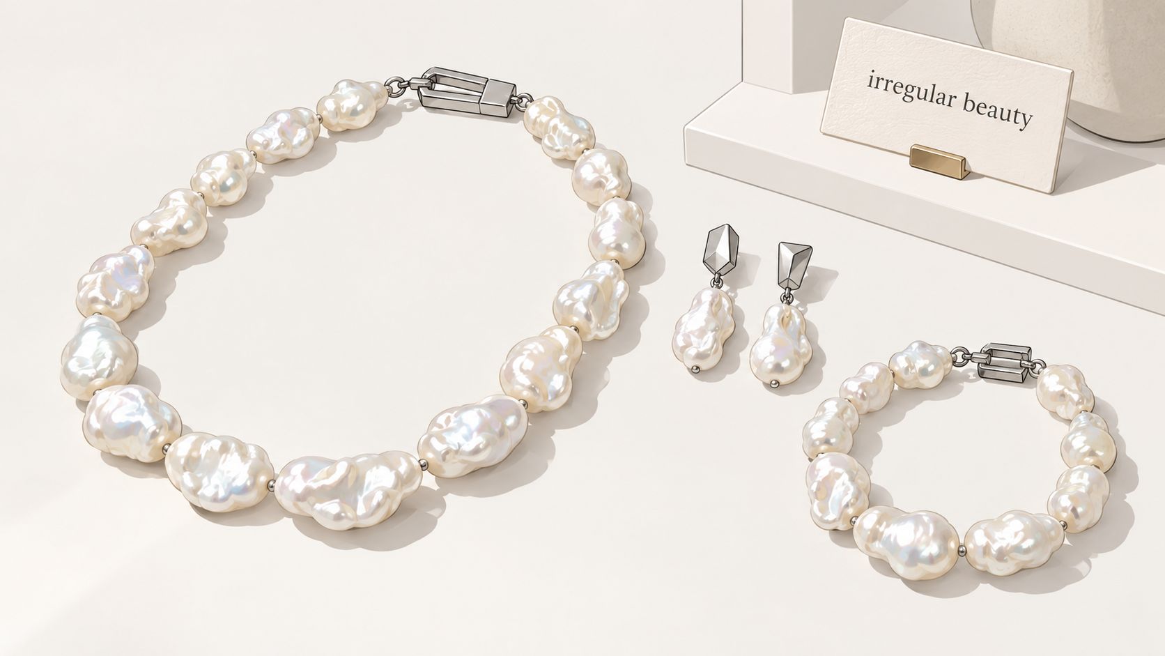 A luxurious baroque pearl jewelry set featuring a necklace, a bracelet, and matching drop earrings on display.