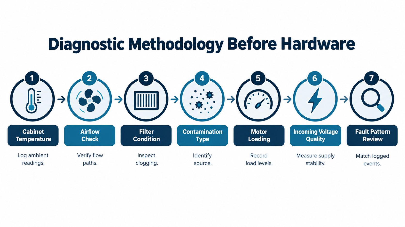 A seven-step diagnostic methodology flowchart for troubleshooting electrical equipment, emphasizing checks before inspecting the hardware components.