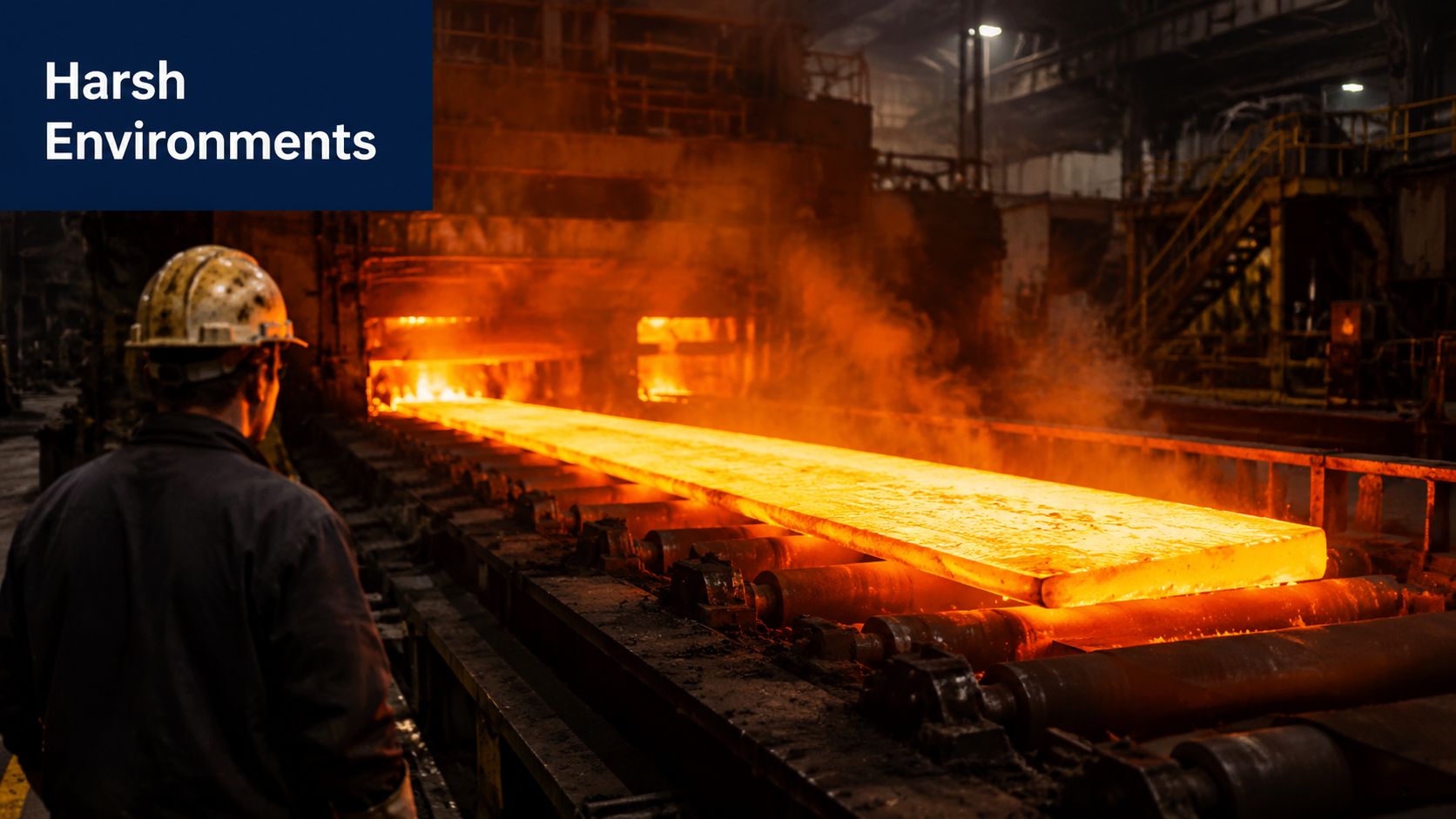 A worker in a hard hat watching a glowing hot metal slab move along an industrial factory conveyor.