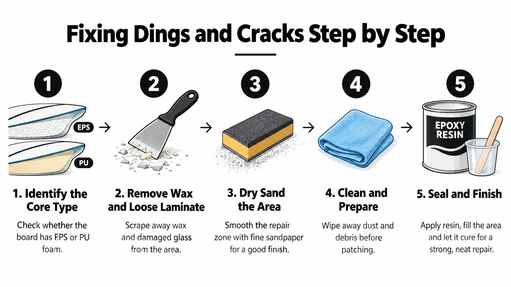 A five step instructional guide on how to repair surfboard dings and cracks at home.