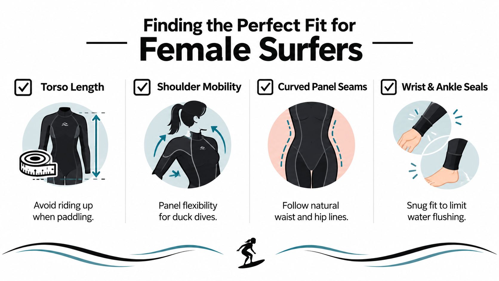 An infographic showing four key features for finding the perfect fit for women's surfing wetsuits.
