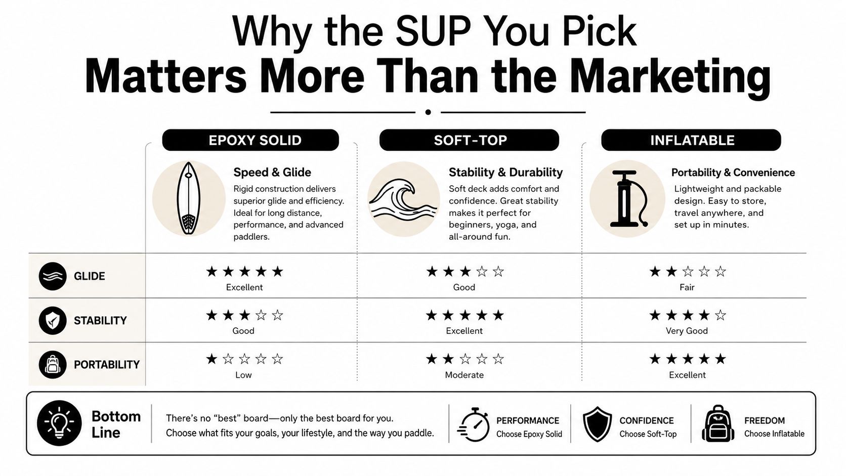 A comparison chart explaining the differences between epoxy solid, soft-top, and inflatable stand up paddle boards.