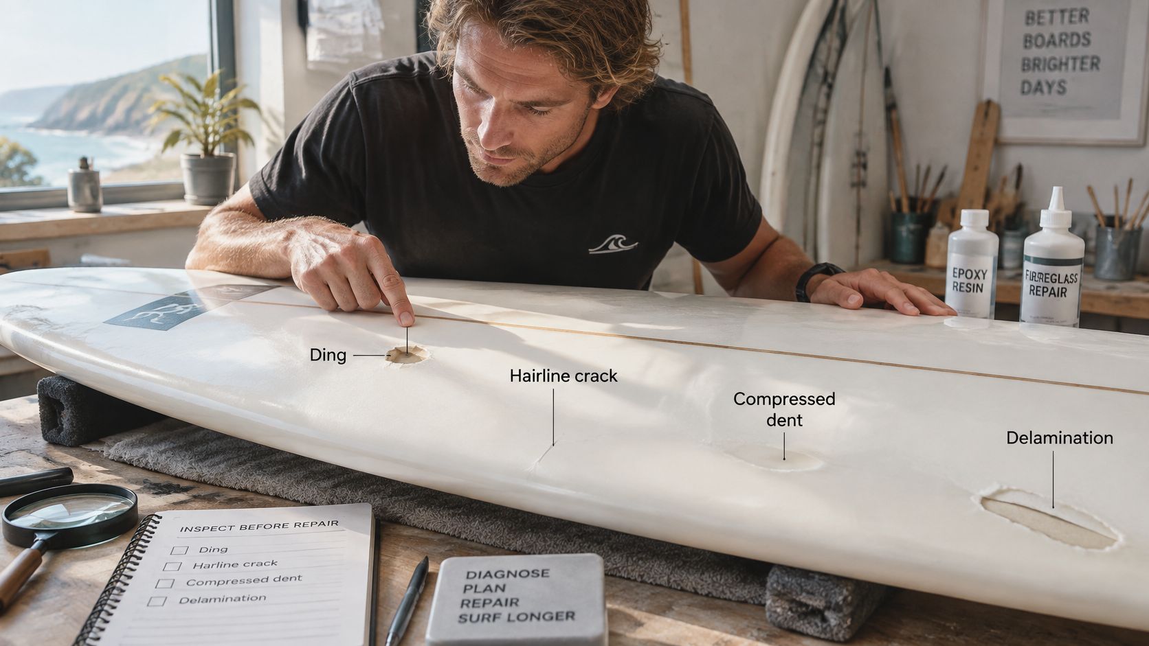 A man carefully inspecting various types of damage on a white surfboard before starting a repair.