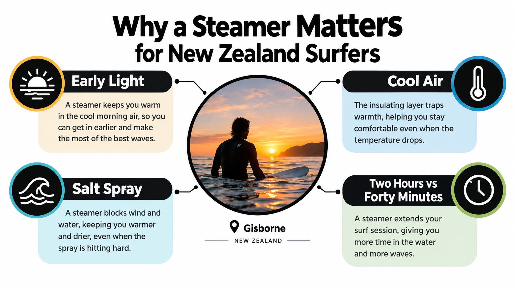 A surfer waiting for waves at sunrise in Gisborne, New Zealand, highlighting benefits of using a steamer wetsuit.