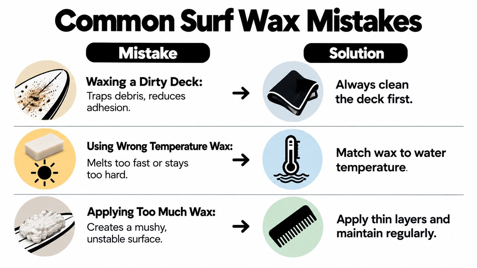 An infographic titled Common Surf Wax Mistakes showing how to correctly wax a surfboard for better performance.