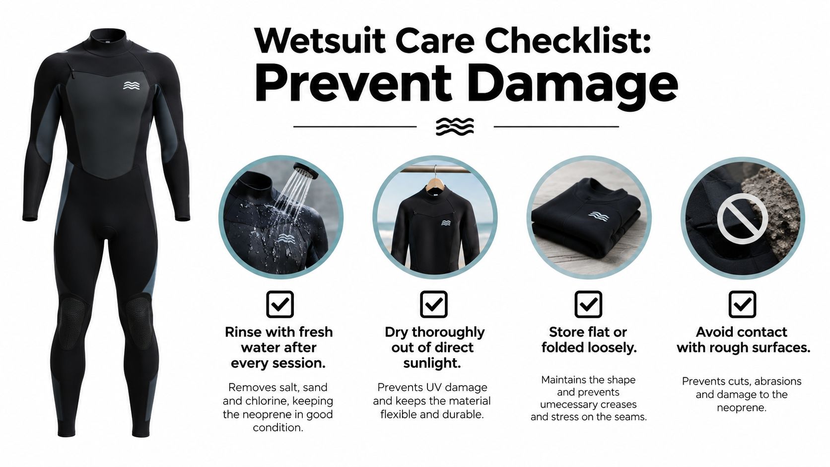 An infographic showing four steps for maintaining a neoprene wetsuit to prevent damage and extend its lifespan.