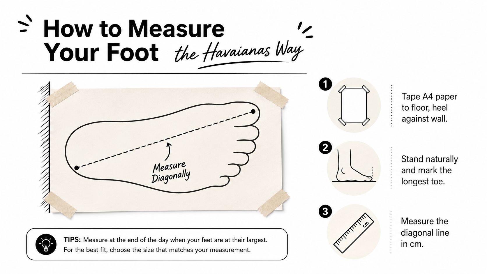 An instructional graphic on how to measure your foot for Havaianas sandals using paper, a wall, and a ruler.