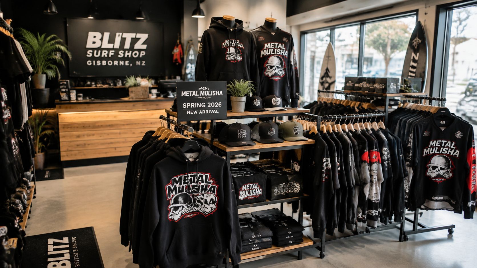 Inside a surf shop featuring Metal Mulisha branded clothing, hats, and hoodies on display racks and shelves.
