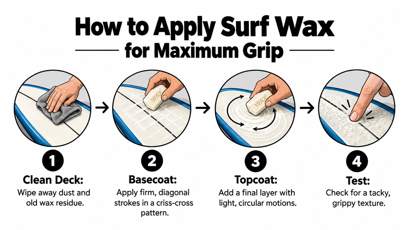 An infographic showing four steps to applying wax to a surfboard for better grip and traction.
