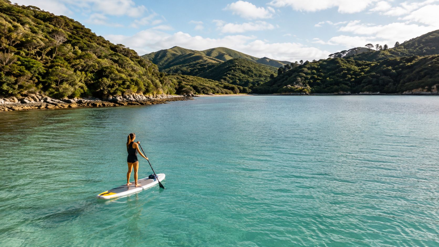 A woman stands on a paddle board in crystal clear turquoise water surrounded by lush green mountains.